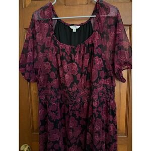 Terra & Sky Smocked Dark Floral Dress Womens 2X Berry‎ Whimsigoth Fairy Grunge